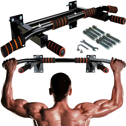 Retoo pull-up bar wall-mounted with anti-slip grips, can support up to 100kg. Made of sturdy steel, it's a versatile training tool for home gyms and strength training.