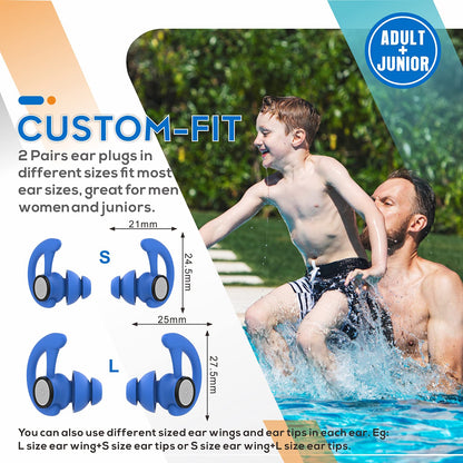 Hearprotek 2 pairs of swimming earplugs, ear protection for adults for swimming, shower, pool, bathing, surfing Blue.