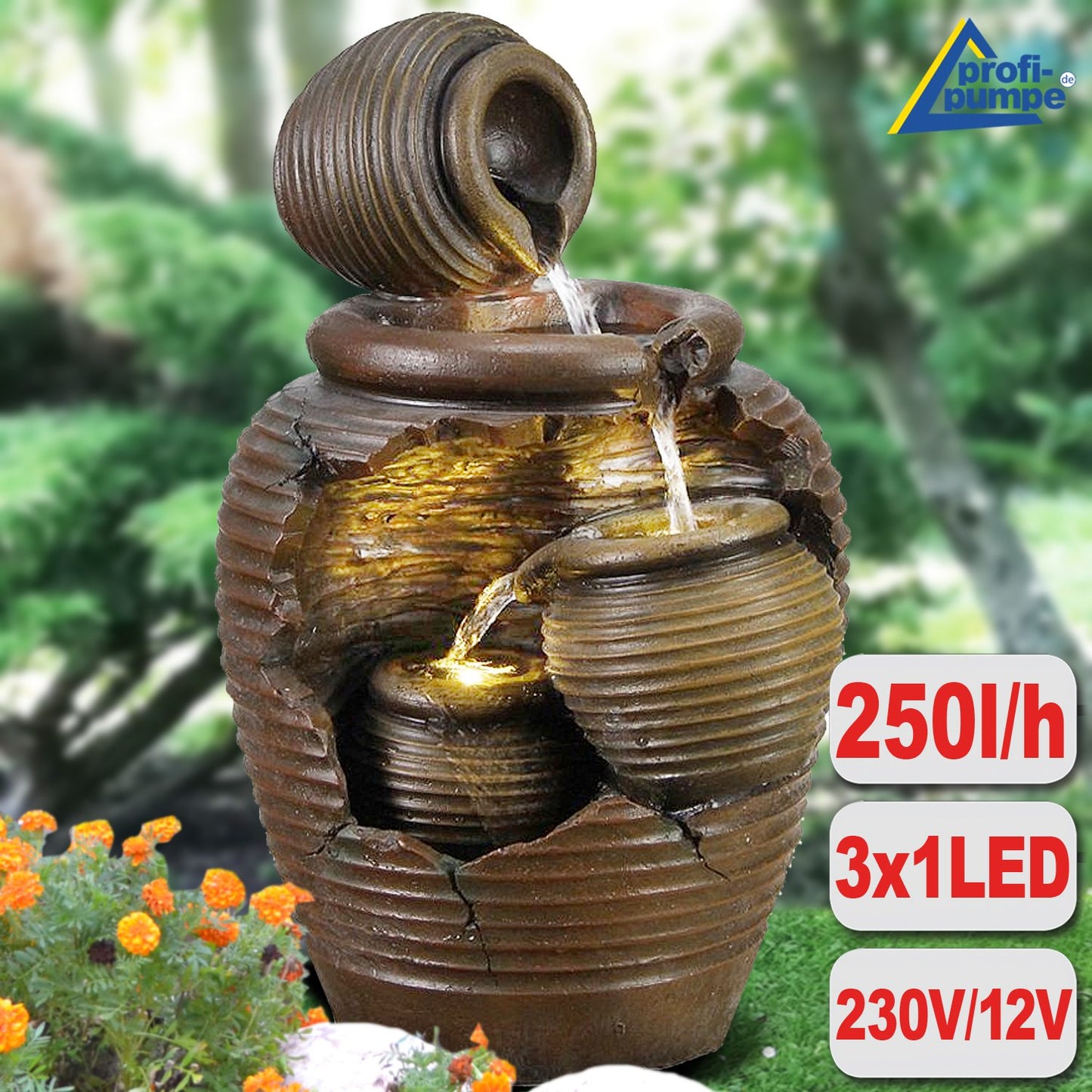 Garden fountain fountain ornamental fountain indoor fountain fountain 4 amphorae with LED light 230V waterfall water feature for garden, pond, terrace, pond, balcony very decorative