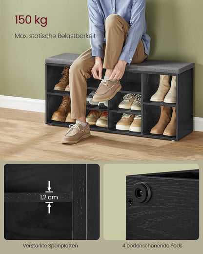 VASAGLE Shoe Bench, Shoe Rack with Seat, Storage Bench, well padded, Hallway Bench with 10 compartments, adjustable shelves, for Bedroom, 30 x 104 x 48 cm, black ebony LHS010B07
