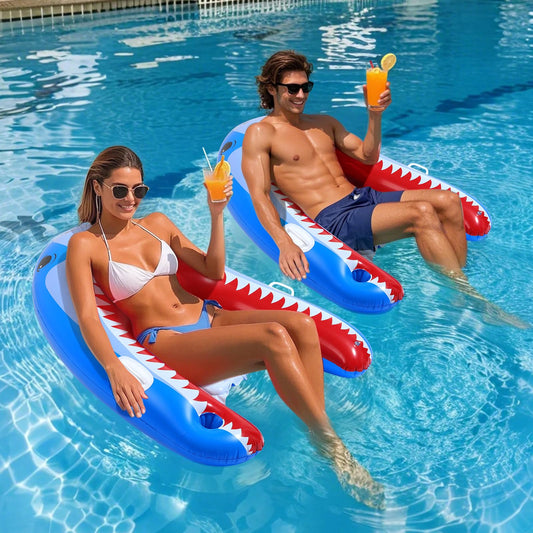 MoKo Pool Float for Adults, 135×107 cm Large Swim Bed with Cup Holder and Handles, Inflatable Sun Lounger Hammock Tanning Chair Pool Toy, 2 Pieces, Blue Shark