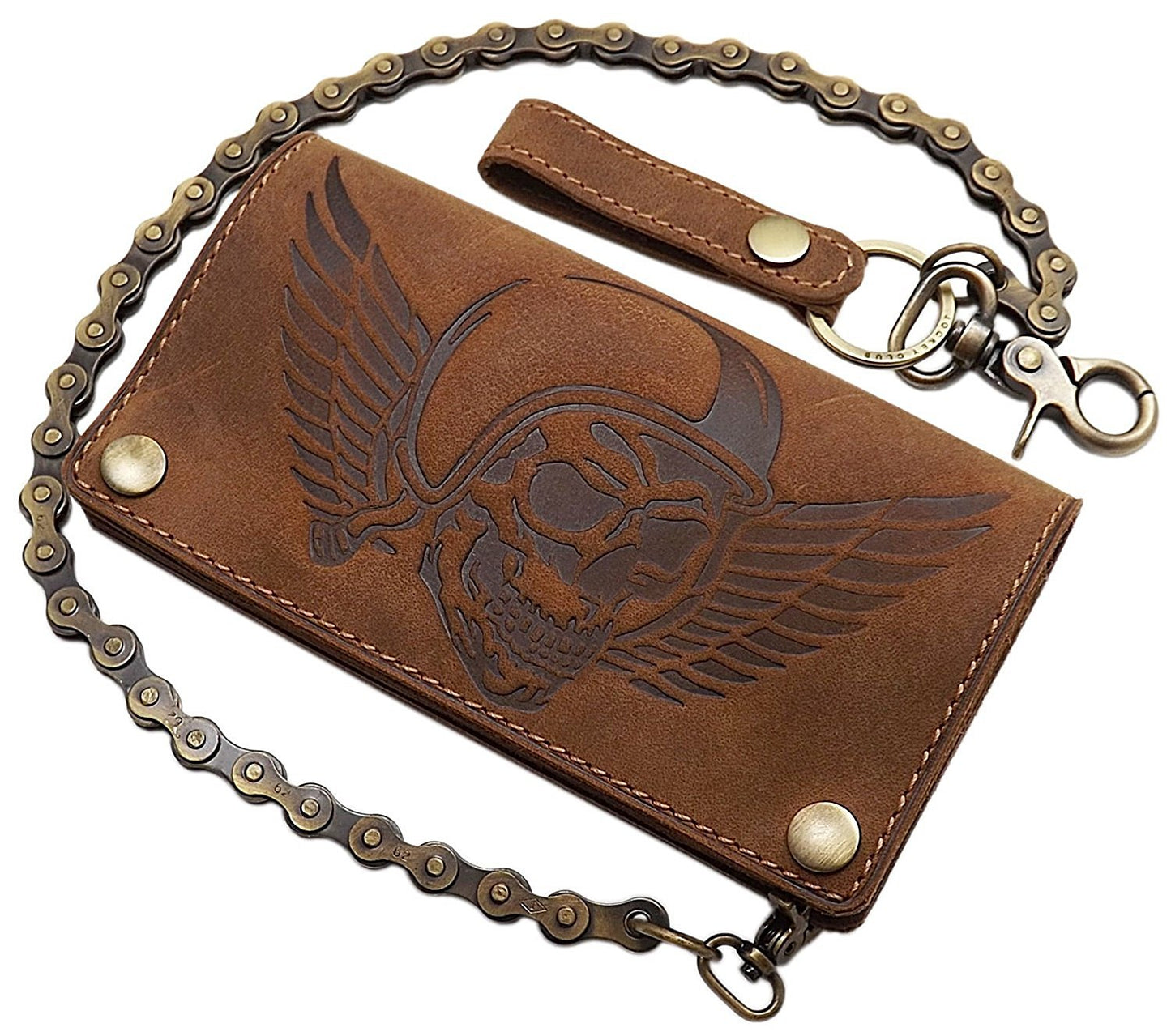 myleathershop Genuine buffalo leather vertical biker wallet with metal chain and skull motif, removable card holder with RFID & NFC protection in brown.