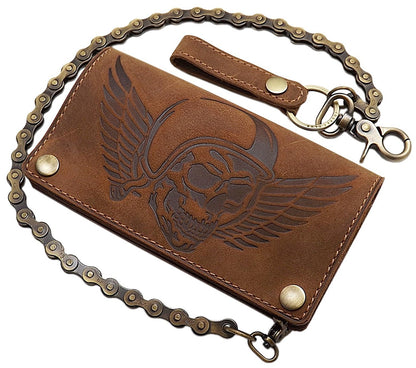 myleathershop Genuine buffalo leather vertical biker wallet with metal chain and skull motif, removable card holder with RFID & NFC protection in brown.