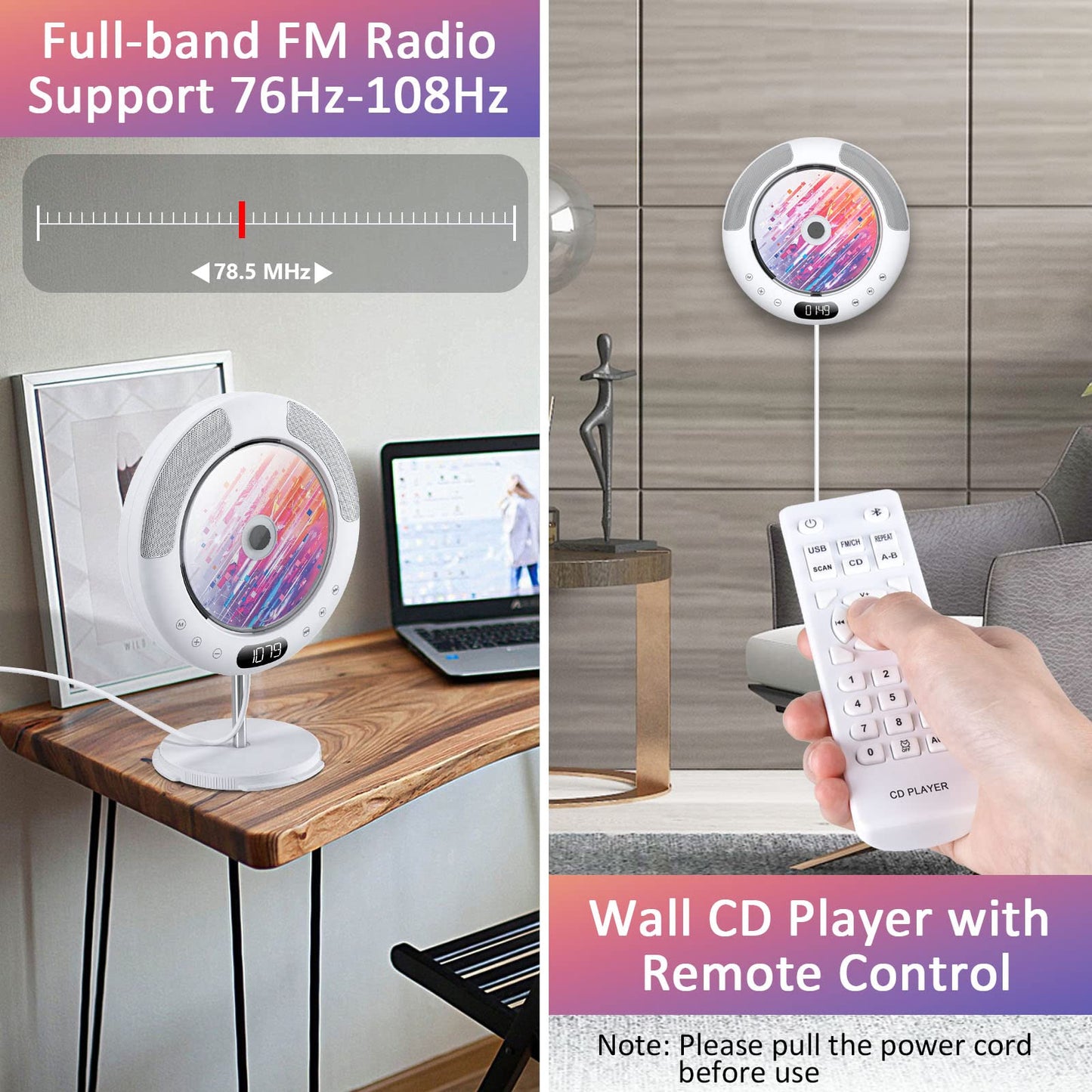 Gueray CD Player Bluetooth with touch button speaker CD player for wall mounting supports remote control display FM radio USB and TF card playback 3.5mm AUX dust cover pull switch design
