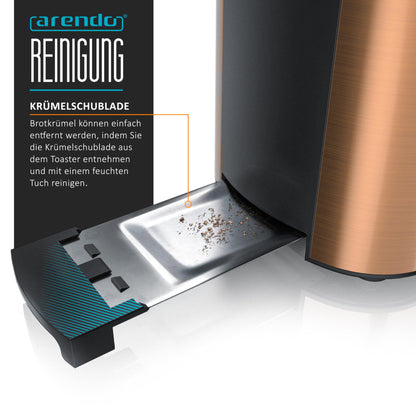Arendo - Stainless Steel Long Slot 4-Slice Toaster - Defrost Function - Heat-insulating housing - with integrated roll attachment - 1500W - Crumb tray - Display with remaining time display - Copper