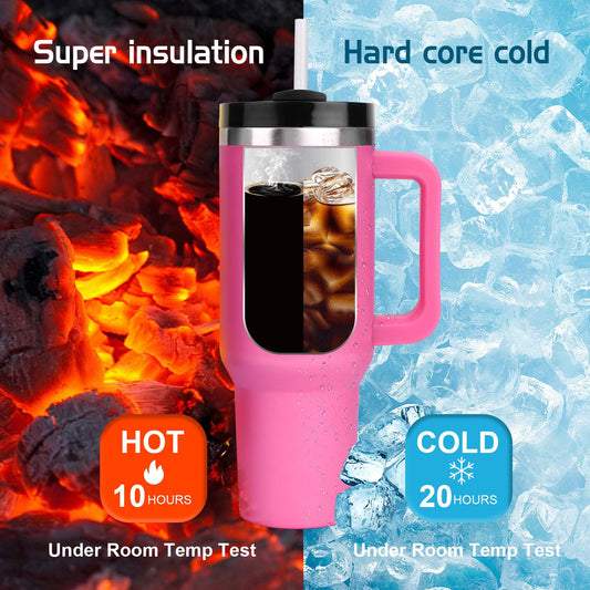 WALLFID 40oz stainless steel thermos cup, vacuum insulated with lid, 3 straws, and 1 straw brush. For hot and cold drinks, perfect for coffee, tea, smoothies, and more. (Pink)