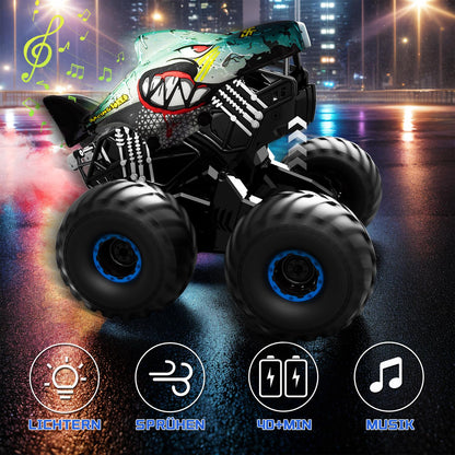 Remote control car, 1/16 monster truck with stomp and 360° rotation, Shark monster truck remote controlled with spray, lights, music, 15KM/H RC monster truck with 40MIN playtime, gift for 3 6 8 10 year old boys.