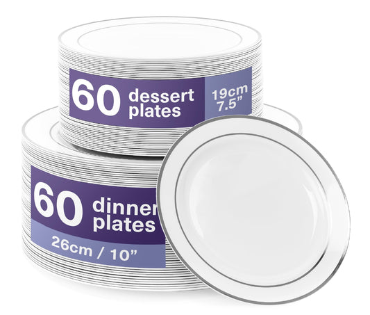 MATANA 120 Premium White Plastic Plates with Silver Rim, 2 Sizes - Unbreakable & Reusable Plastic Plates, Party Plates for Weddings, Birthdays, Parties - Elegant & Sturdy Party Tableware