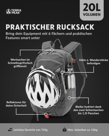 Terra Peak hiking backpack 20L Flex 20 men women gray small - outdoor backpack waterproof - backpack for hiking and camping - with integrated hydration system and laptop compartment - unisex daypack