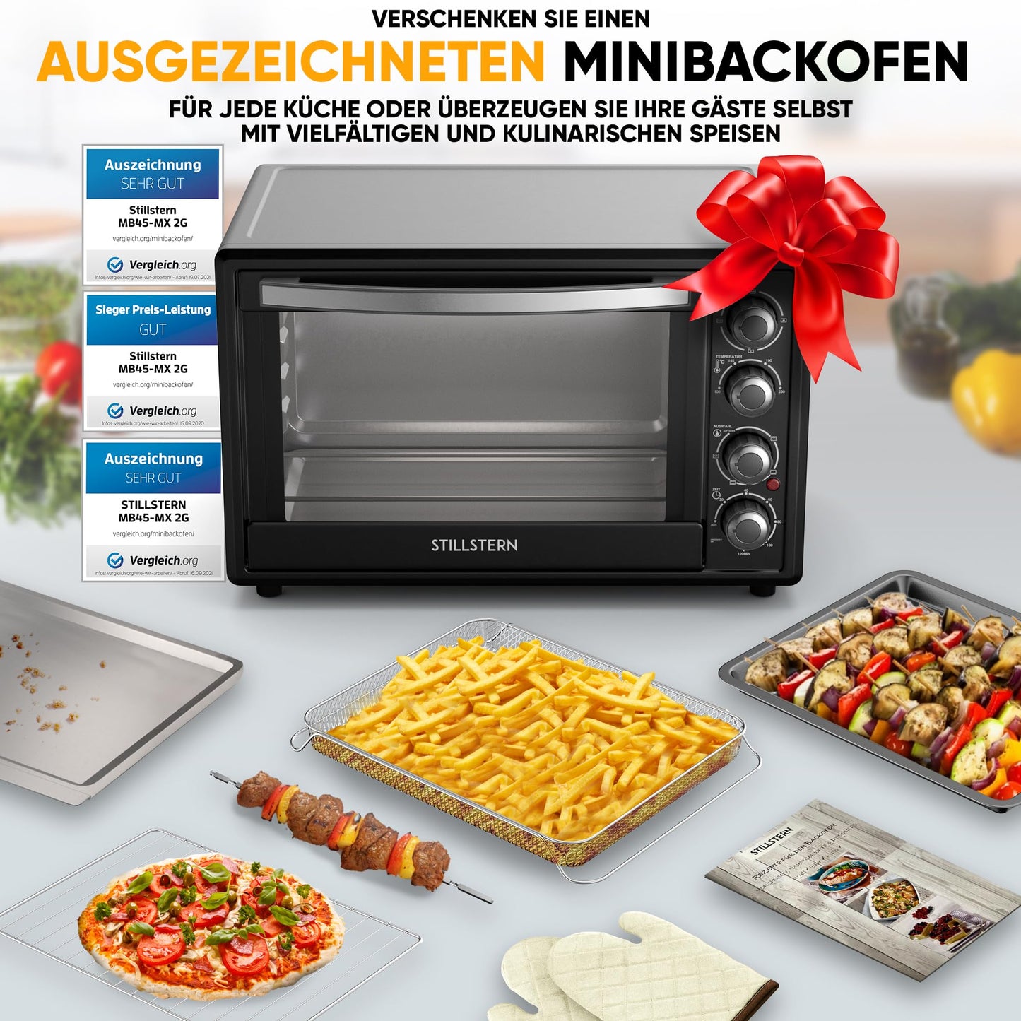 Stillstern Mini Convection Oven 45L (DE Version) Pizza Ø32, CYCLONE PRO+ non-stick coating, Defrost function, 2h timer, Camping Mini Convection Oven Pizza Oven Mini Oven small Rotisserie Chicken Grill with spit