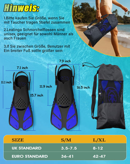 Lealinga snorkel fins, adjustable fins for adults, travel size swim fins, unisex diving fins for adult men, women, and children, open heel training fins with mesh bag.
