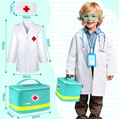 Peradix Doctor Kit for Kids 3 years and up - 39-piece wooden doctor's playset with real stethoscope, doctor's coat, thermometer, and portable bag. Perfect gift for kids aged 3, 4, 5, and 6.