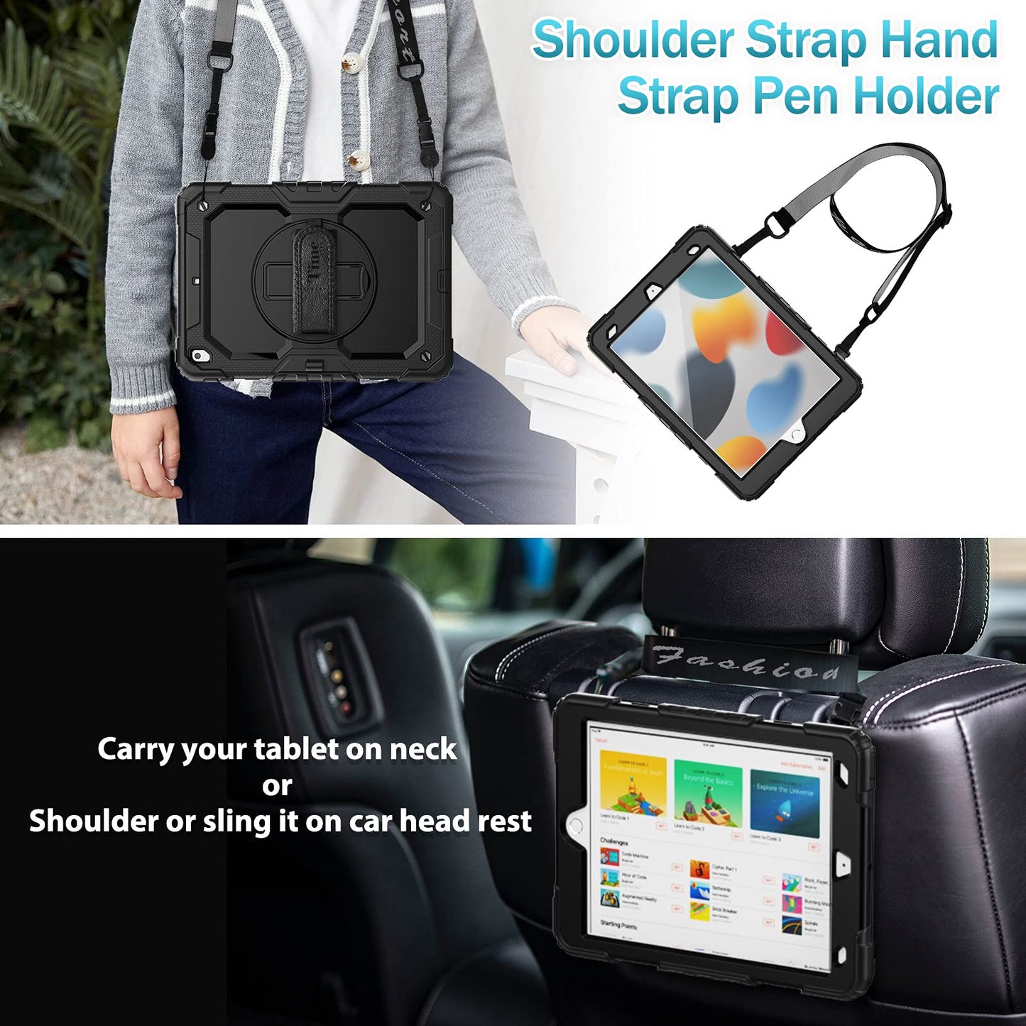 tmecity case for iPad 9/8/7th Gen, iPad 10.2 Inch Shockproof Rugged with Screen Protection 360° Rotatable Stand Hand Strap Shoulder Strap Pencil Holder for iPad 9th Gen-Black