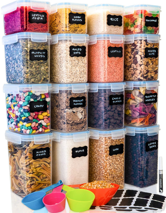 Deco home® Storage containers 16 set - kitchen storage box airtight containers - plastic storage containers with lid - storage jars for storing pasta, cereal, flour, etc.