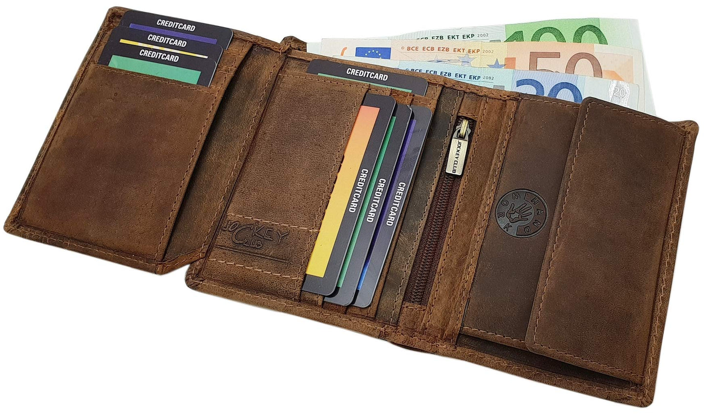 myledershop Genuine buffalo full grain leather vertical biker wallet/purse with metal chain and RFID & NFC protection (skull design/brown)
