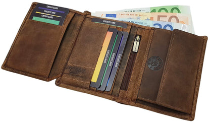 myledershop Genuine buffalo full grain leather vertical biker wallet/purse with metal chain and RFID & NFC protection (skull design/brown)