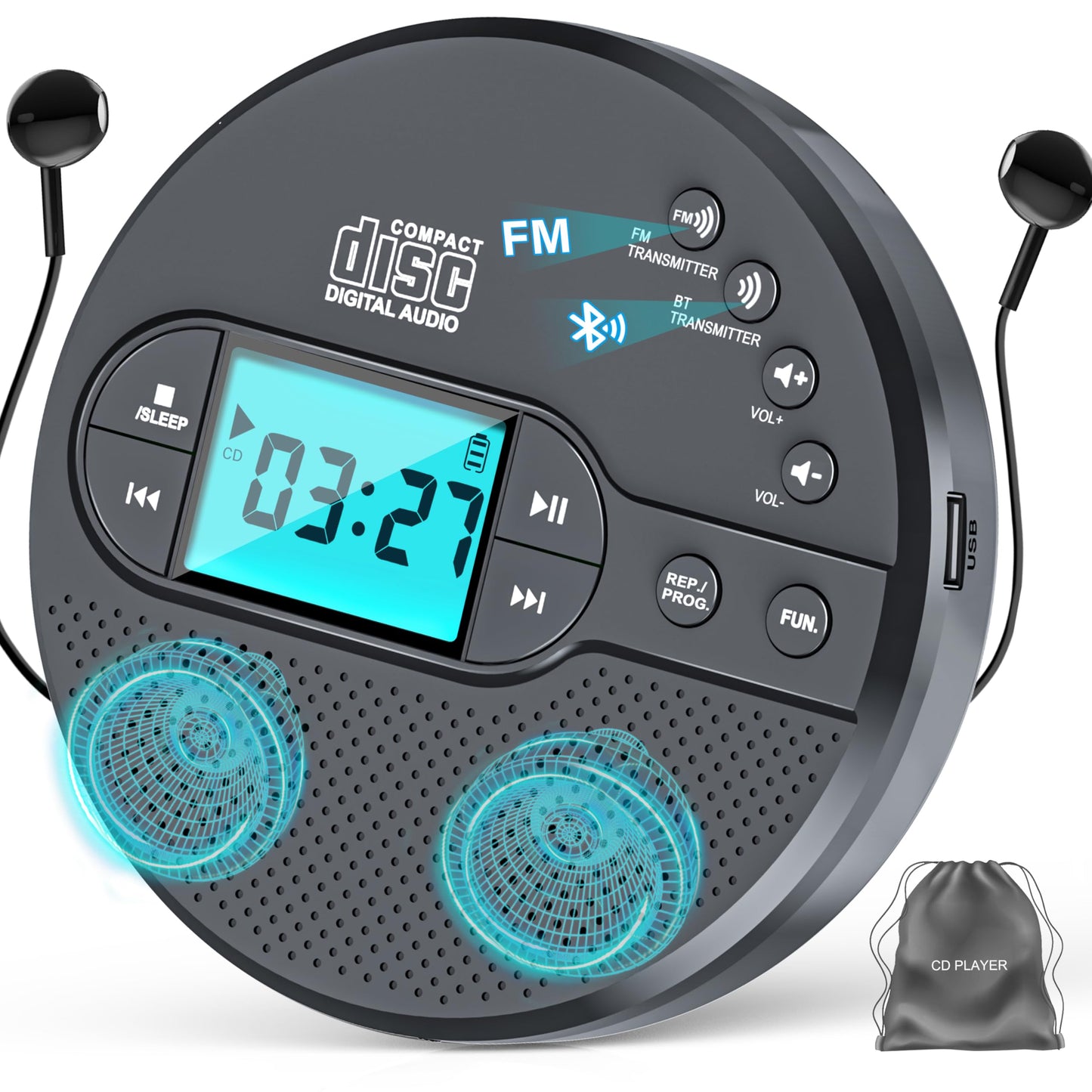 Discman CD player with Bluetooth FM transmitter, headphones, LCD screen, AUX, built-in speaker, USB connection, 2000mAh rechargeable portable CD player with anti-skip protection.