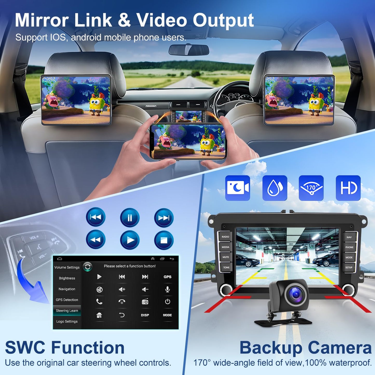 Podofo 2+64G car radio for VW Golf 5 6 Polo Seat Skoda with Wireless Carplay Android Auto, 7-inch Android 13 car radio with screen, Bluetooth, WLAN, GPS, RDS + rearview camera & microphone