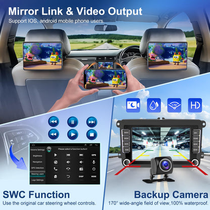 Podofo 2+64G car radio for VW Golf 5 6 Polo Seat Skoda with Wireless Carplay Android Auto, 7-inch Android 13 car radio with screen, Bluetooth, WLAN, GPS, RDS + rearview camera & microphone