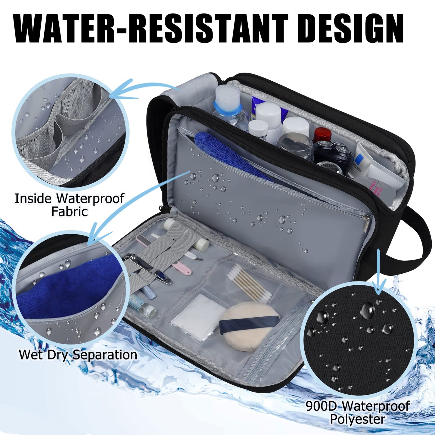 Gloppie toiletry bag for men and women. Large 10L waterproof travel wash bag with wet/dry pouch. Ideal for kids, adults, in black.