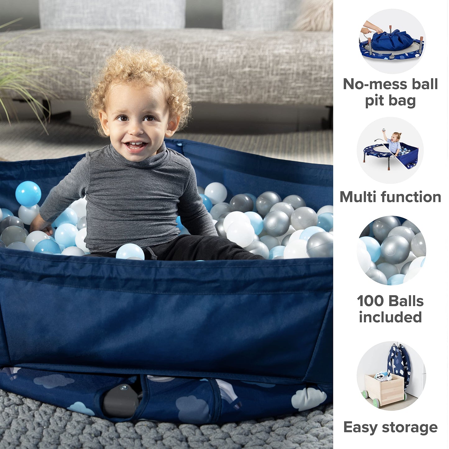 smarTrike Indoor Toddler Trampoline with Handle, Foldable Kids Trampoline, 1-5 Years (Ball Pit and Trampoline, Navy)