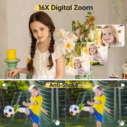 Digital camera 44MP FHD 1080p camera with 32G card. Photo camera with battery. Easy portable 16X digital zoom camera for kids, teens, students, seniors, beginners. (Pink)