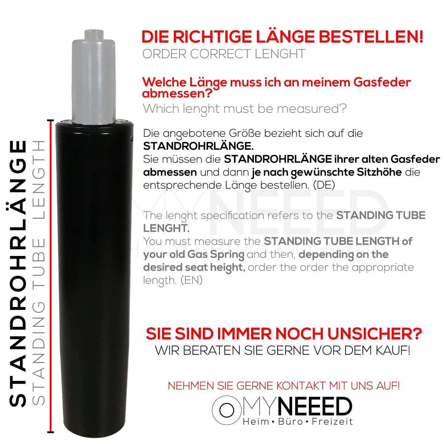 MYNEED gas spring for office chair - Gas spring load capacity up to 200 kg - Gas damper for swivel chair, executive chair, stool, desk chair - Gas spring column office chair, standpipe length: 230 mm Black