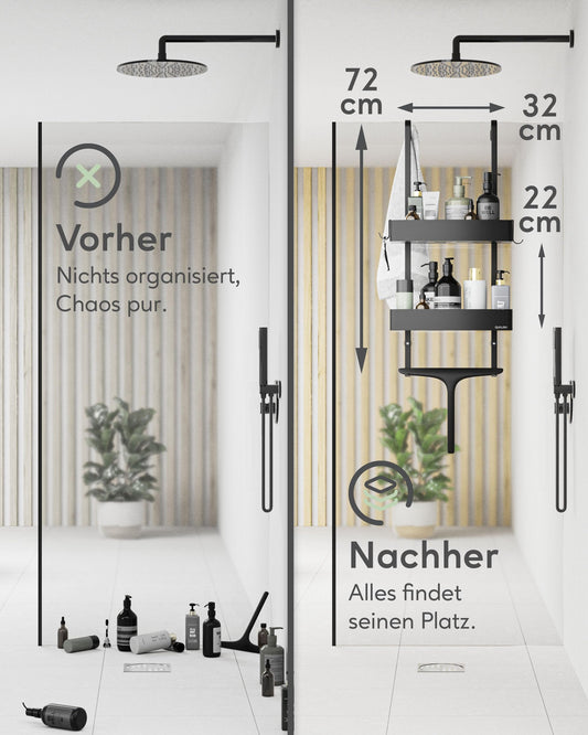 QUALISH® hanging shower shelf - shower caddy hanging on the shower wall - hanging shower basket with glass protection and additional hooks - hanging shower shelf - no drilling required - matte black