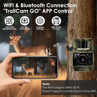 MAXDONE wildlife camera with motion sensor night vision Bluetooth - WiFi with mobile transfer app Rechargeable 2000mAh battery, low glow 48MP screenless night vision device 0.1s hunting camera