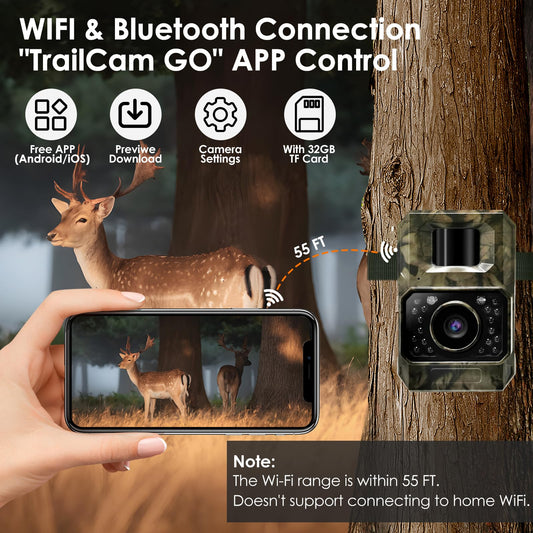 MAXDONE wildlife camera with motion sensor night vision Bluetooth - WiFi with mobile transfer app Rechargeable 2000mAh battery, low glow 48MP screenless night vision device 0.1s hunting camera