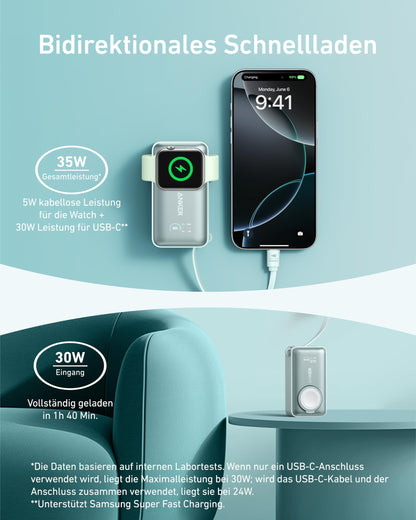 Anchor MagGo Powerbank for Apple Watch, officially certified, 10,000mAh compact battery pack with integrated USB-C cable, 35W Max., for iPhone 17/16/15 Series, Samsung, iPad, AirPods, and more.