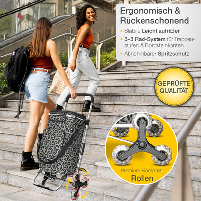 ELONEO Shopping Trolley with cooler compartment, foldable shopping cart for stairs, height adjustable, with reflectors, removable 43 L bag, stair climber (Grey)