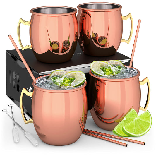 Beyond Moscow Mule Cup Set Copper Cups - Copper cups with straws & gift box I Moscow Mule Copper Cup set with traditionally smooth surface as a gin cup & for cocktails (4-piece set)