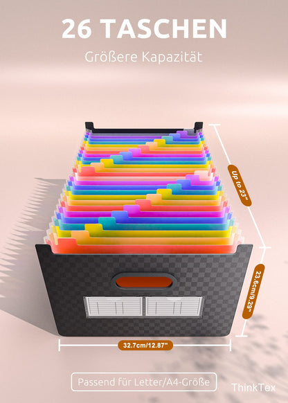 ThinkTex A4 document folder with 26 compartments, open upright and on top, A-Z index tabs with colorful dividers, suitable for school, home, and office in letter/A4 format.
