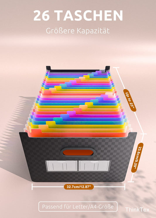 ThinkTex A4 document folder with 26 compartments, open upright and on top, A-Z index tabs with colorful dividers, suitable for school, home, and office in letter/A4 format.