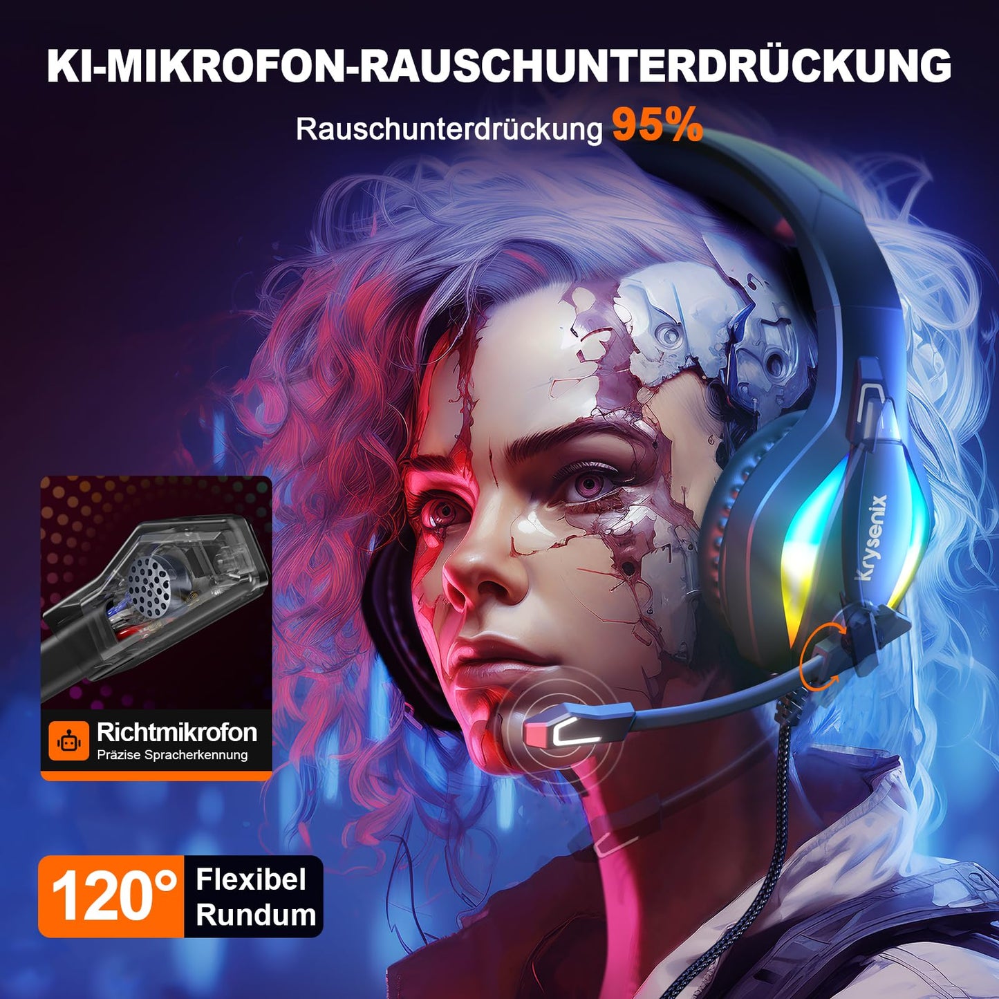 Krysenix PG1 RGB Gaming Headset for PS4, PS5, PC, Nintendo Switch, Xbox. Headset with microphone, gaming headphones with noise-canceling feature. 3.5mm jack in black.