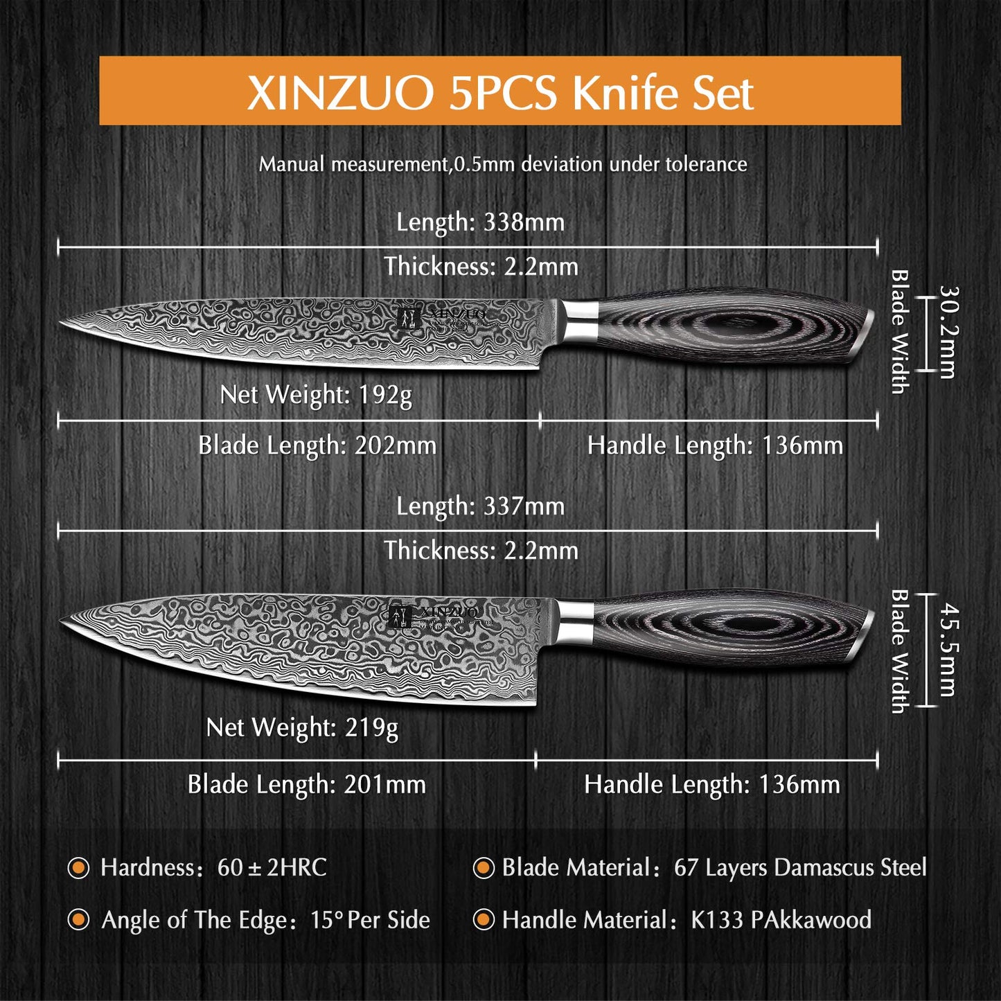 XINZUO 5 Piece Kitchen Knife Set 67 Layers Damascus Steel Chef Knife Set, Professional Forged Damascus Knife Set Sharp Blade Cooking Knife Set - Chef Santoku Slicing Utility Fruit Knife - PakkaWood Handle