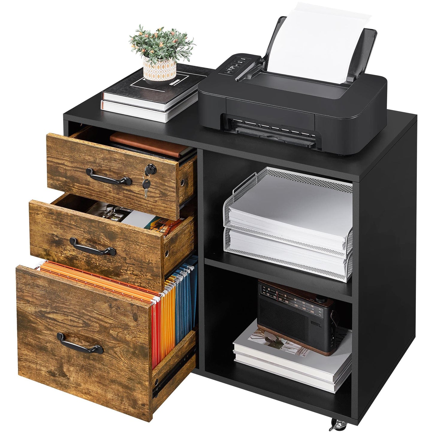 Yaheetech rolling file cabinet, office cabinet with 5 wheels, 3 drawers and 2 open compartments, industrial design, for documents, vintage brown-black.