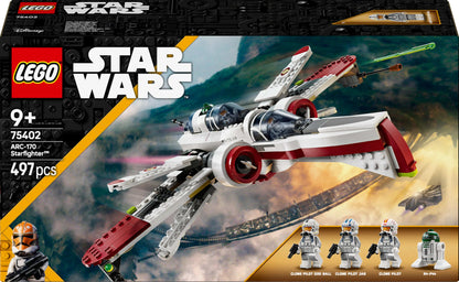 LEGO Star Wars 75402 ARC-170 Starfighter toy comes with 4 minifigures including Clone Pilot and R4-P44 Droid. A collector's item and a perfect gift for fans of Revenge of the Sith, suitable for boys and girls aged 9 and above.