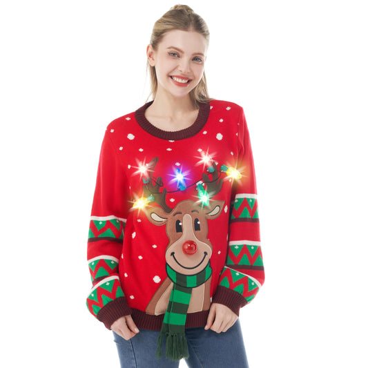 JOYIN Women's LED Light-Up Reindeer Ugly Christmas Sweater with Built-In Lights, Large.