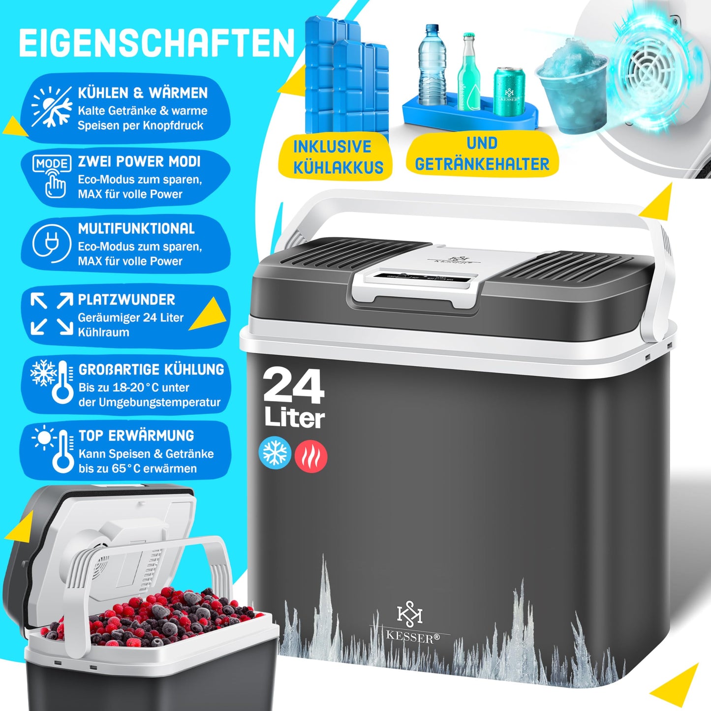 KESSER® 24 liter cooler | COOLS and WARMS | Thermoelectric cooler | including 2X cooling packs & drink holder | 12 volt and 230 volt | Mini fridge | for car and camping | Energy efficiency class E | Anthracite