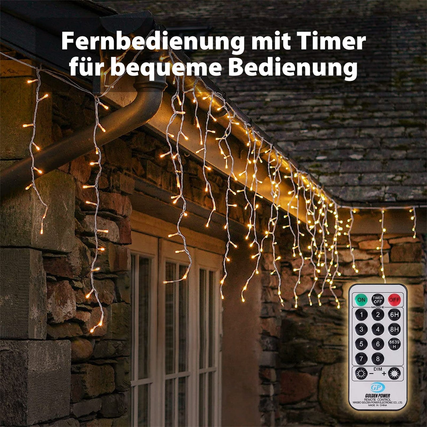 SALCAR 10m LED curtain light outdoor, icicle string lights with remote control and timer, indoor Christmas decoration window 8 modes, warm white.