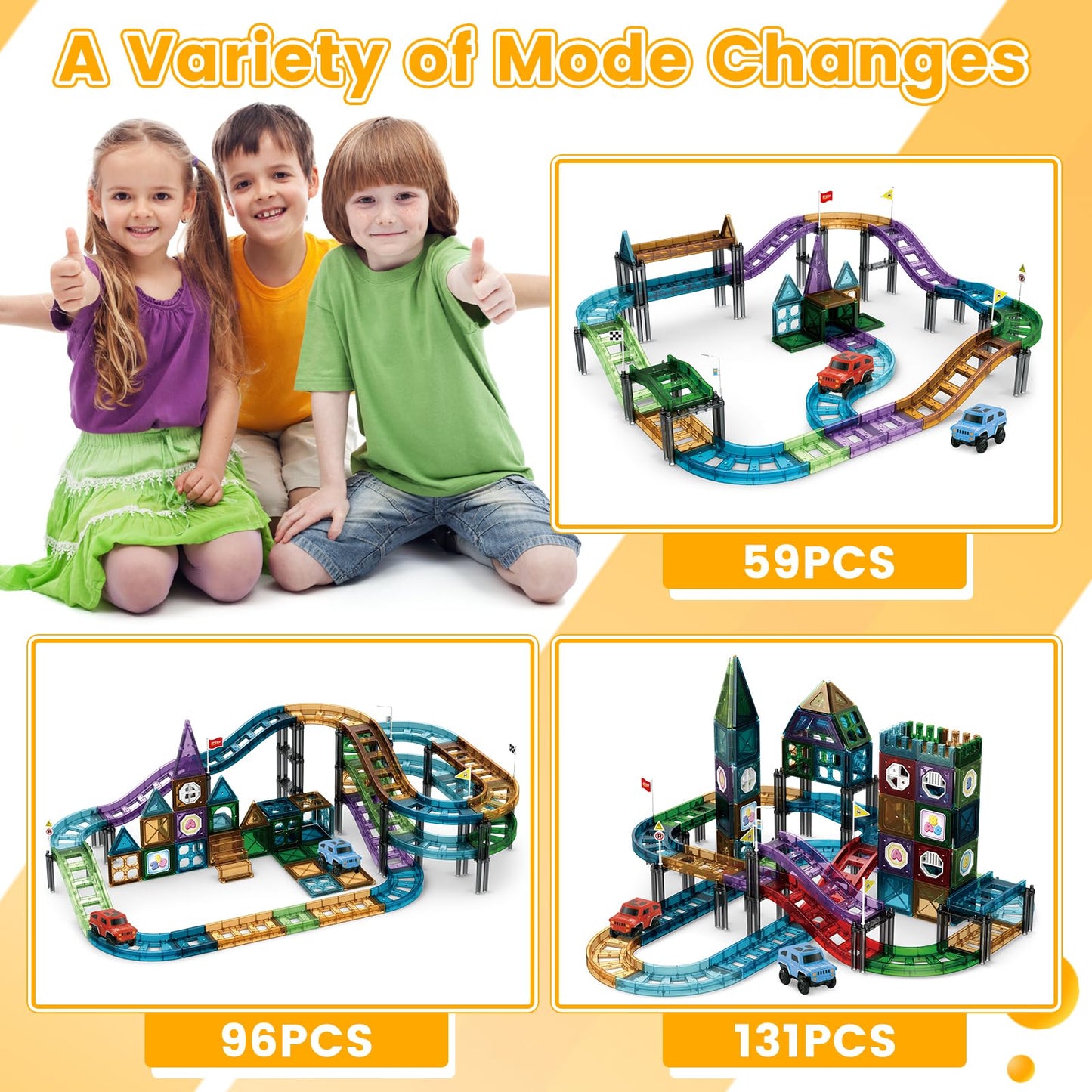 JONRRYIN 131 Piece Magnetic Building Blocks Car Race Track, Magnetic Building Blocks Set 3D Racing Car Track Magnetic Building Blocks Kids with 2 Toy Cars, Educational Toy for Children 3 Years and Up