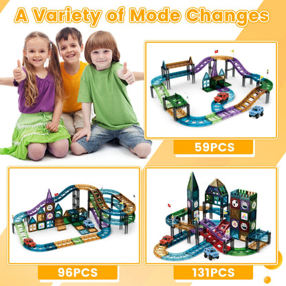 JONRRYIN 131 Piece Magnetic Building Blocks Car Race Track, Magnetic Building Blocks Set 3D Racing Car Track Magnetic Building Blocks Kids with 2 Toy Cars, Educational Toy for Children 3 Years and Up