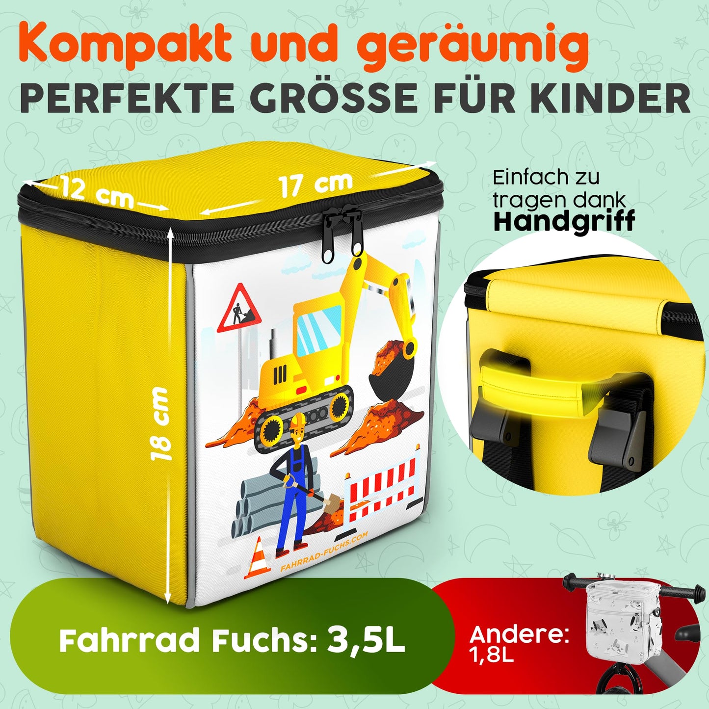 Handlebar Bag Bike Kids - Excavator Yellow - Handlebar Bag, Front Bike Basket Kids, Balance Bike Basket, Kids Bike Basket - Water repellent, Universally fitting