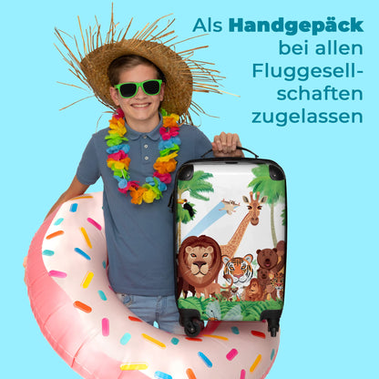 NoBoringSuitcases.com® Kids' carry-on suitcase featuring fun trolli gifts inspired jungle design with a tiger and lion. Dimension: 55x35x20cm.