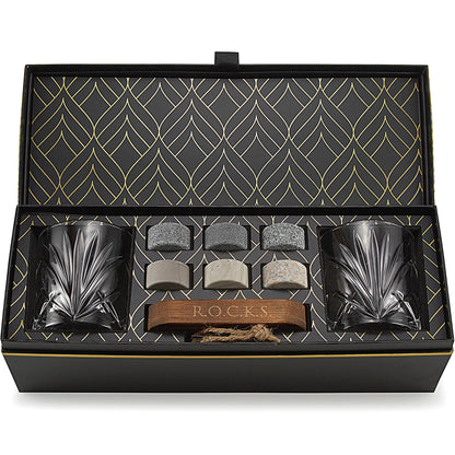 Whiskey Stones Set - 6 Handcrafted Round Granite Whiskey Stones - 2 Whiskey Glasses - Hardwood Presentation and Storage Board - Whiskey Gift Set Box with Gold Foil by Rocks