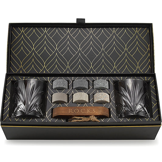 Whiskey Stones Set - 6 Handcrafted Round Granite Whiskey Stones - 2 Whiskey Glasses - Hardwood Presentation and Storage Board - Whiskey Gift Set Box with Gold Foil by Rocks