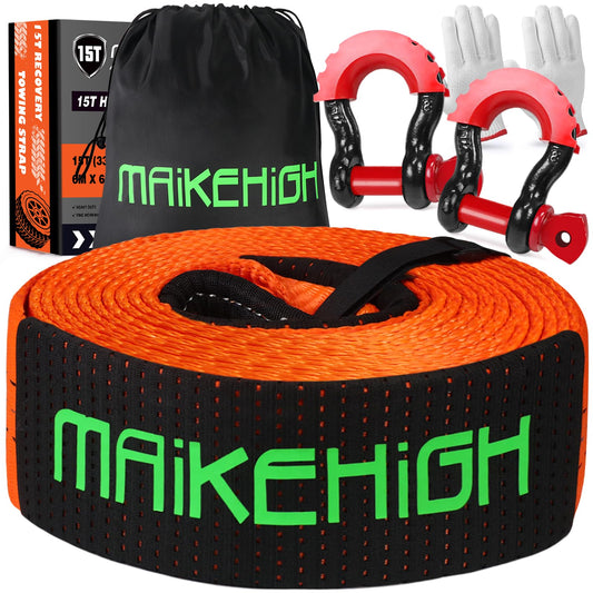 MAIKEHIGH Tow Strap 15 Tons (33,700 Lbs), 6M x 7.6cm Tow Strap with 2 Upgraded Shackles Hooks, 2 Gloves for Car, Truck, SUV, Offroad (Orange)
