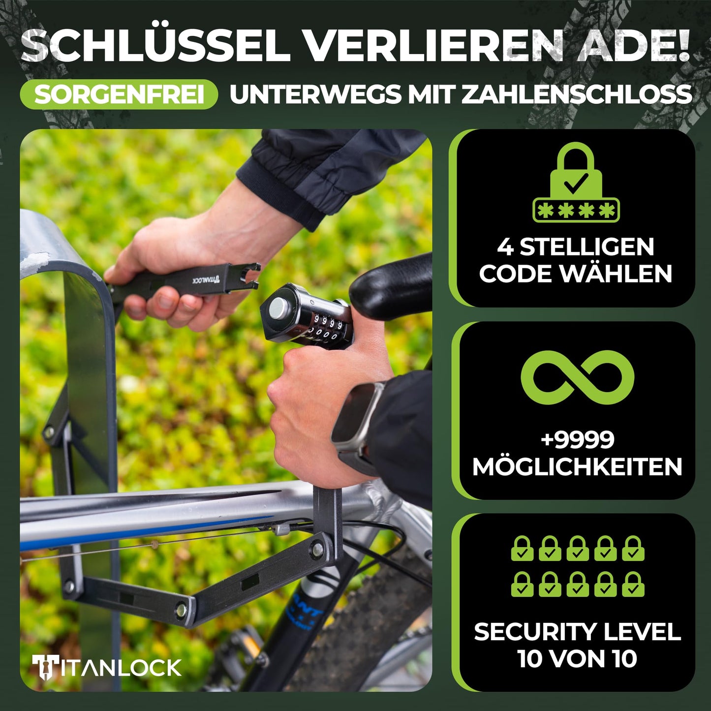 TITANLOCK Bike Lock Foldable Lock Theft-proof [Individual Pin] Combination Lock Quick + Easy Installation Rustproof Security Level 10/10